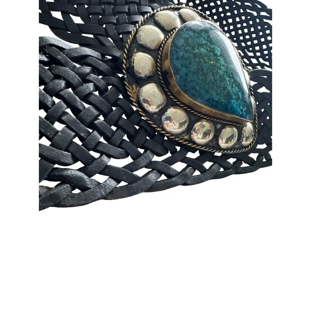 Vintage Black Braided Leather Extra Wide Statement belt Malachite Turquoise